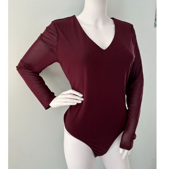 NWT New York and Company Burgundy Wine Long Sleeve Mesh Leotard Bodysuit size M - Picture 4 of 5